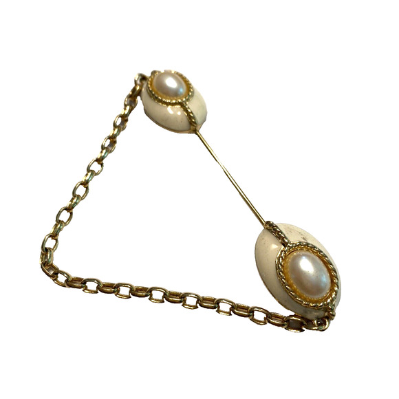 Vintage Monet Stick Pin Brooch Unique Gold & Ivory Enamel Faux Pearl with Chain - Picture 2 of 7